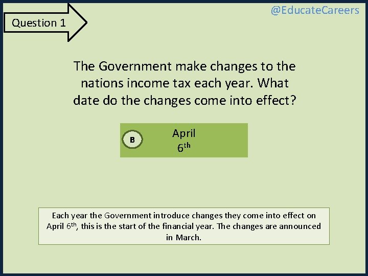 @Educate. Careers Question 1 The Government make changes to the nations income tax each