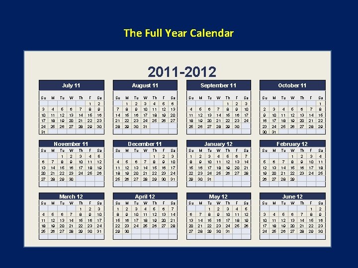 The Full Year Calendar 2011 -2012 July 11 Su M Tu W Th 3