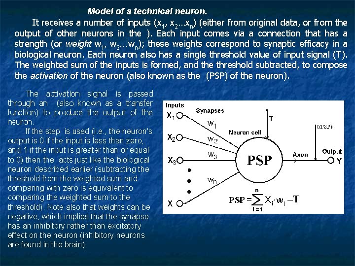 Model of a technical neuron. It receives a number of inputs (x 1, x