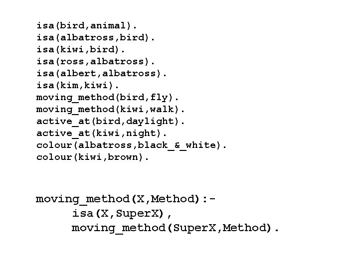 isa(bird, animal). isa(albatross, bird). isa(kiwi, bird). isa(ross, albatross). isa(albert, albatross). isa(kim, kiwi). moving_method(bird, fly).