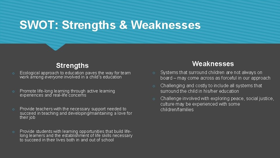 SWOT: Strengths & Weaknesses Strengths o o Ecological approach to education paves the way