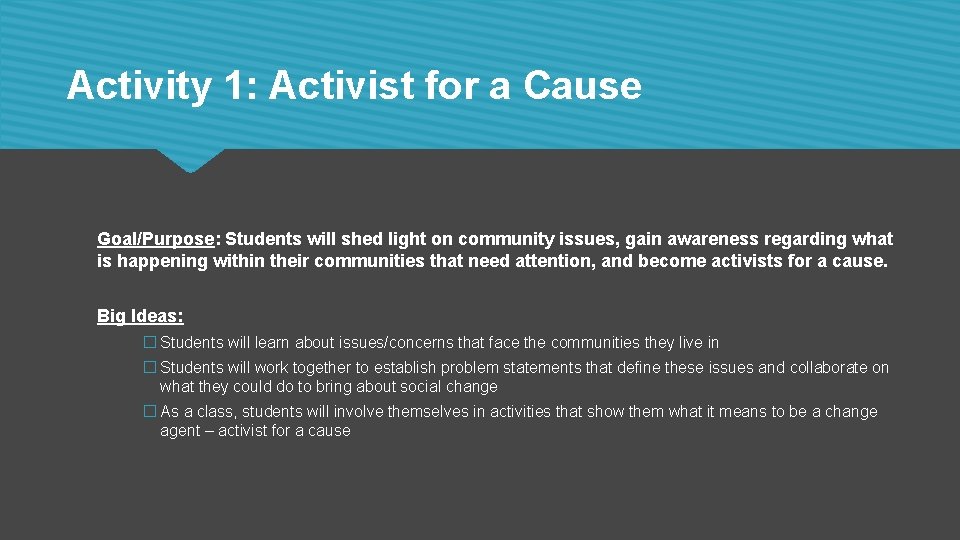 Activity 1: Activist for a Cause Goal/Purpose: Students will shed light on community issues,