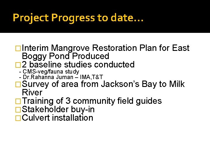 Project Progress to date… �Interim Mangrove Restoration Plan for East Boggy Pond Produced �