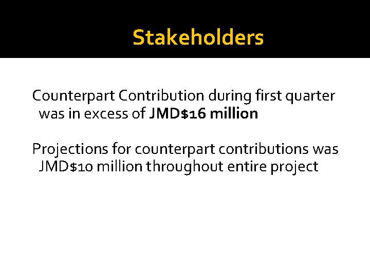 Stakeholders Counterpart Contribution during first quarter was in excess of JMD$16 million Projections for
