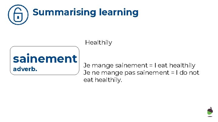 Summarising learning Healthily sainement adverb. Je mange sainement = I eat healthily Je ne