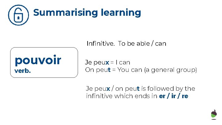 Summarising learning Infinitive. To be able / can pouvoir verb. Je peux = I