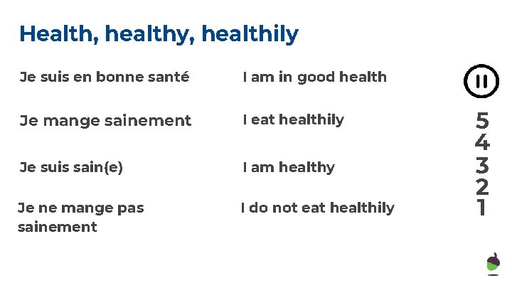 Health, healthy, healthily Je suis en bonne santé I am in good health Je