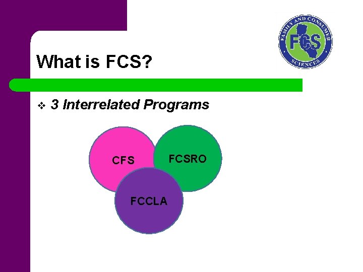 What is FCS? v 3 Interrelated Programs CFS FCCLA FCSRO 