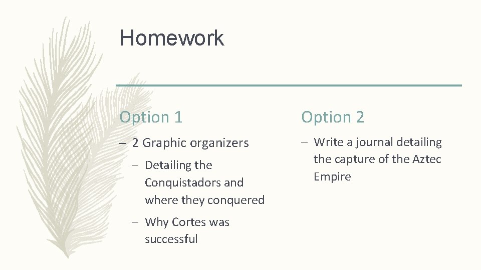 Homework Option 1 Option 2 – 2 Graphic organizers – Write a journal detailing
