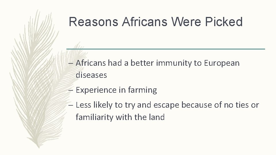 Reasons Africans Were Picked – Africans had a better immunity to European diseases –