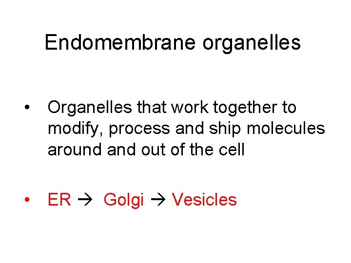 Endomembrane organelles • Organelles that work together to modify, process and ship molecules around