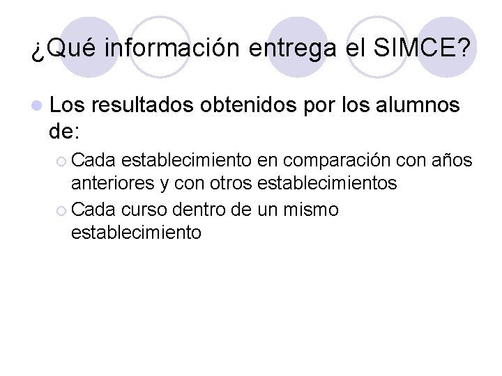 ¿Qué información entrega el SIMCE? l Los resultados obtenidos por los alumnos de: ¡