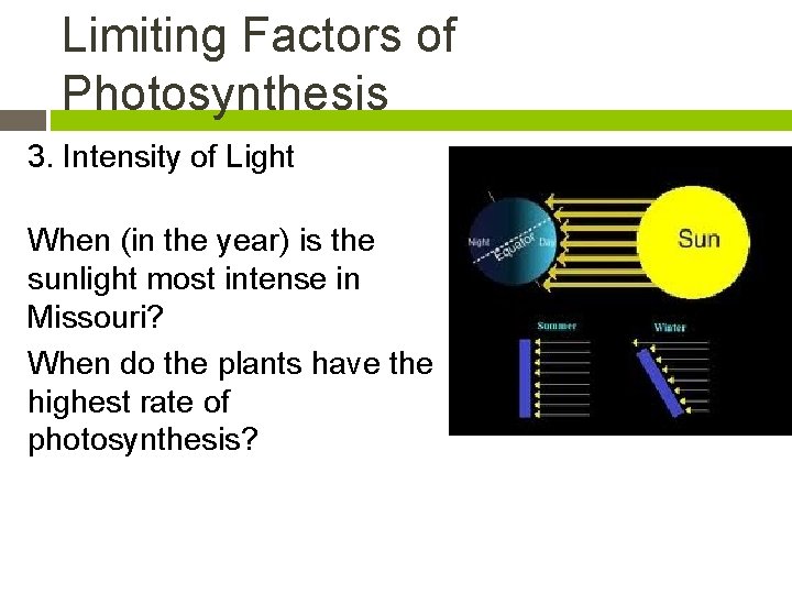 Limiting Factors of Photosynthesis 3. Intensity of Light When (in the year) is the