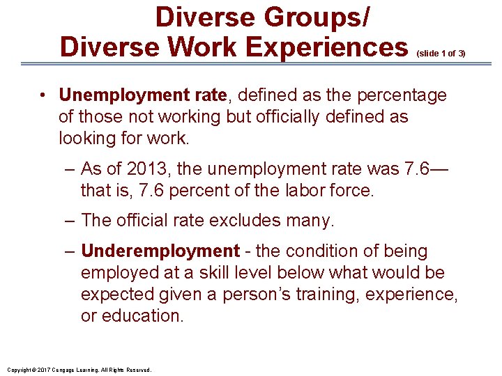 Diverse Groups/ Diverse Work Experiences (slide 1 of 3) • Unemployment rate, defined as