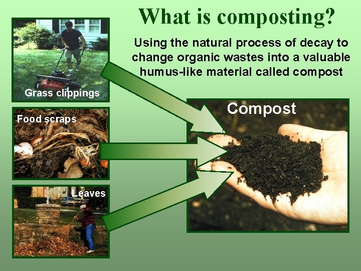 What is composting? Using the natural process of decay to change organic wastes into What is composting? Using the natural process of decay to change organic wastes into