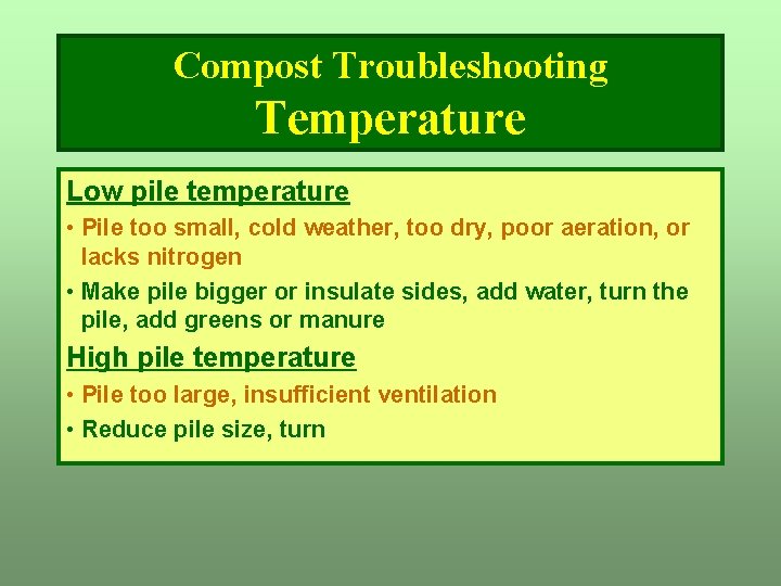 Compost Troubleshooting Temperature Low pile temperature • Pile too small, cold weather, too dry, Compost Troubleshooting Temperature Low pile temperature • Pile too small, cold weather, too dry,