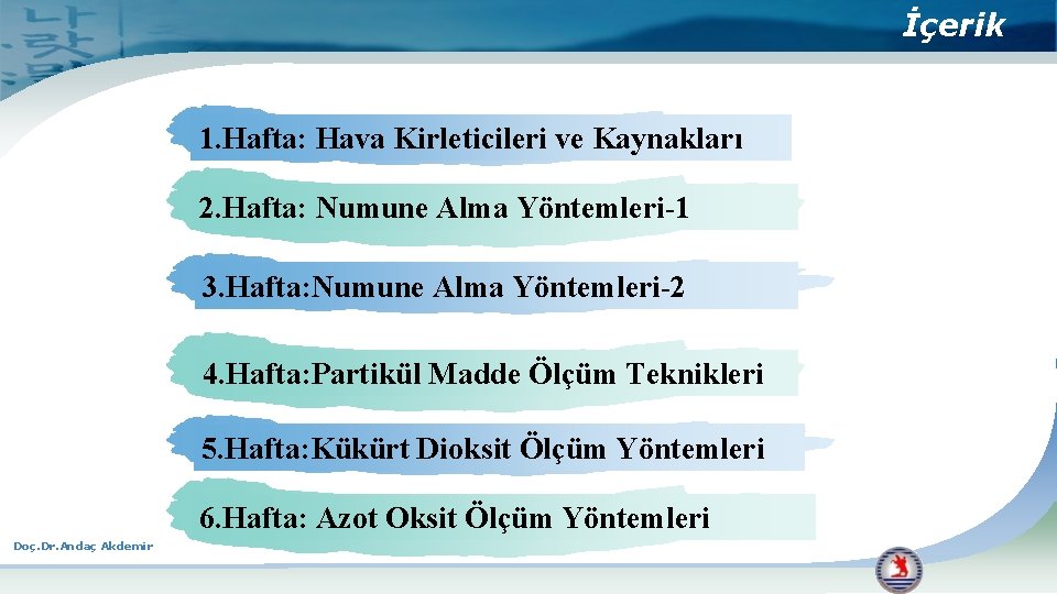 İçerik 1. Hafta: Hava Kirleticileri ve Kaynakları 2. Hafta: Numune Alma Yöntemleri-1 3. Hafta: