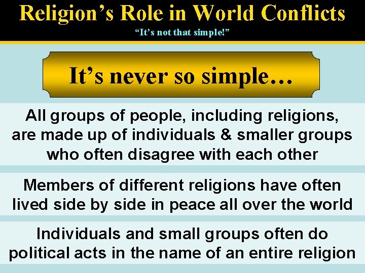 Religion’s Role in World Conflicts “It’s not that simple!” It’s never so simple… All