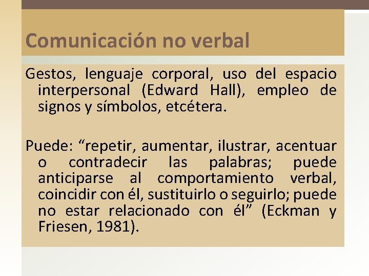 Comunicación no verbal Gestos, lenguaje corporal, uso del espacio interpersonal (Edward Hall), empleo de