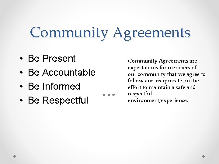 Community Agreements • • Be Present Be Accountable Be Informed Be Respectful Community Agreements