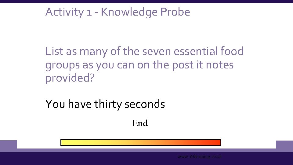 Activity 1 - Knowledge Probe List as many of the seven essential food groups