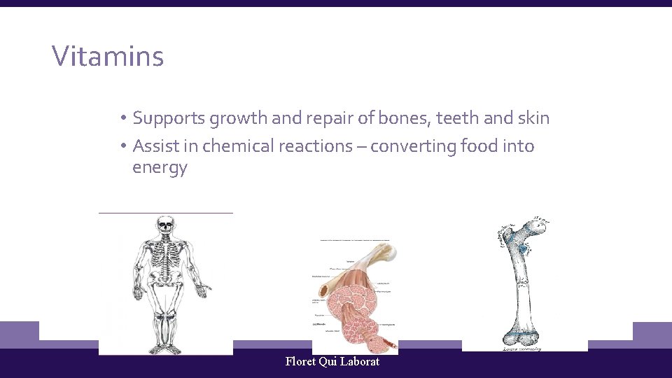 Vitamins • Supports growth and repair of bones, teeth and skin • Assist in
