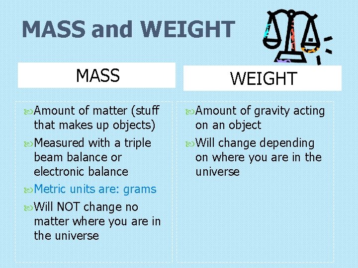 MASS and WEIGHT MASS Amount of matter (stuff that makes up objects) Measured with MASS and WEIGHT MASS Amount of matter (stuff that makes up objects) Measured with