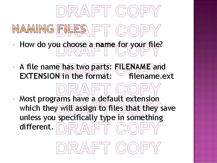  DRAFT COPY How do you choose a name for your file? DRAFT COPY