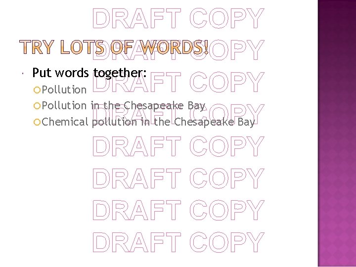  DRAFT COPY Put words together: Pollution DRAFT COPY Pollution in the Chesapeake Bay