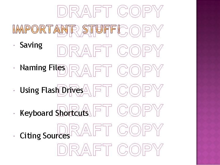  DRAFT COPY Saving DRAFT COPY Naming Files DRAFT COPY Using Flash. DRAFT Drives