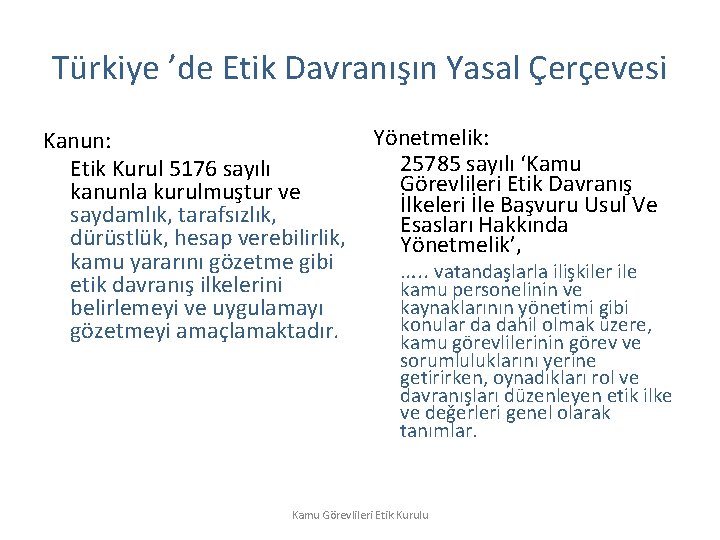Türkiye ’de Etik Davranışın Yasal Çerçevesi Kanun: Etik Kurul 5176 sayılı kanunla kurulmuştur ve
