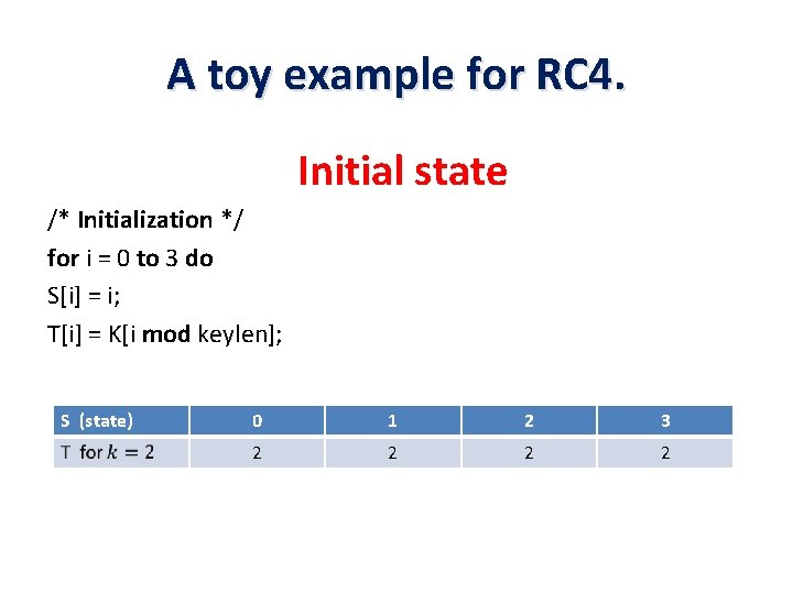 A toy example for RC 4. Initial state /* Initialization */ for i =