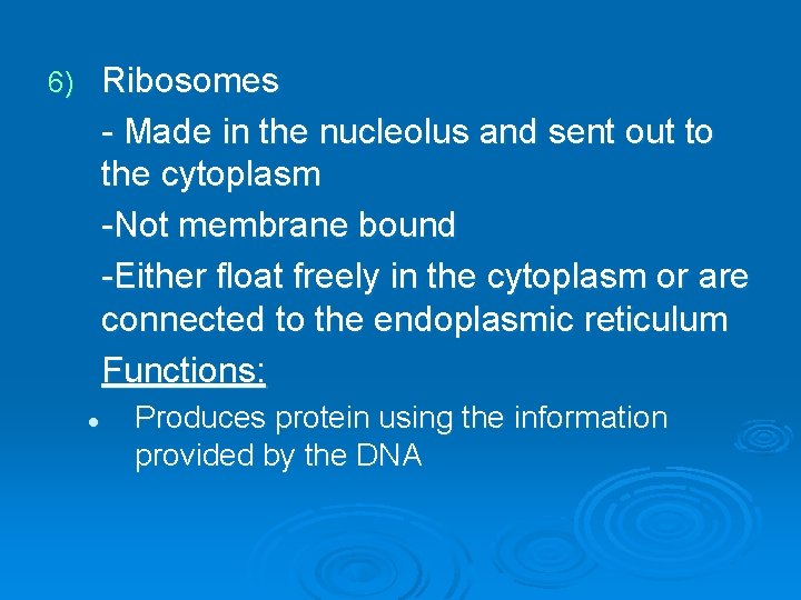 Ribosomes - Made in the nucleolus and sent out to the cytoplasm -Not membrane Ribosomes - Made in the nucleolus and sent out to the cytoplasm -Not membrane