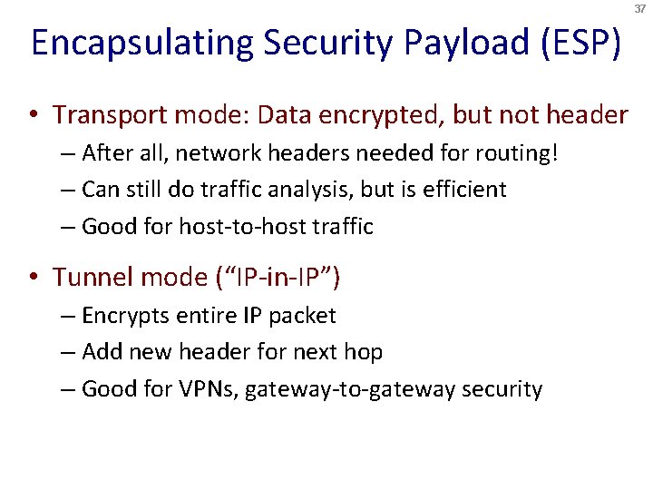 37 Encapsulating Security Payload (ESP) • Transport mode: Data encrypted, but not header –