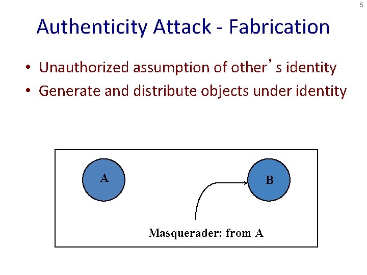 5 Authenticity Attack - Fabrication • Unauthorized assumption of other’s identity • Generate and