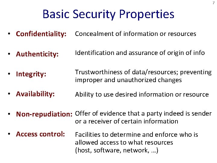7 Basic Security Properties • Confidentiality: Concealment of information or resources • Authenticity: Identification