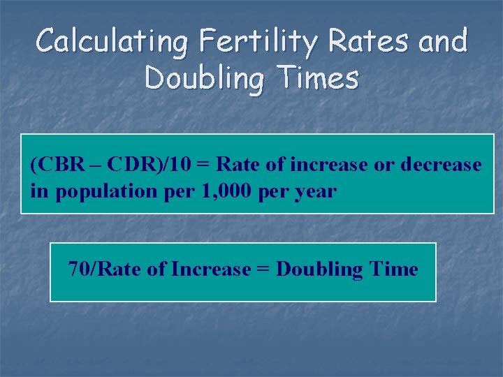 Calculating Fertility Rates and Doubling Times (CBR – CDR)/10 = Rate of increase or