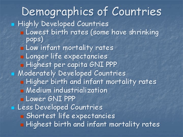 Demographics of Countries n n n Highly Developed Countries n Lowest birth rates (some
