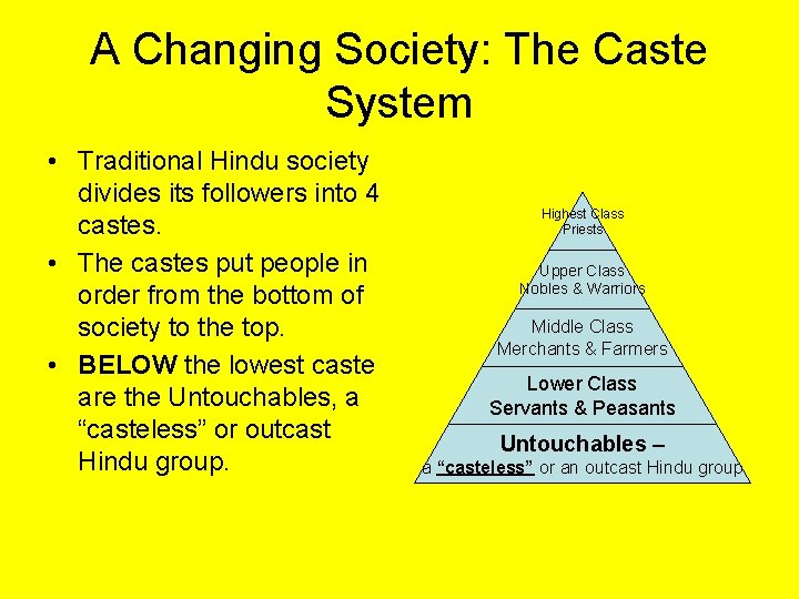 A Changing Society: The Caste System • Traditional Hindu society divides its followers into