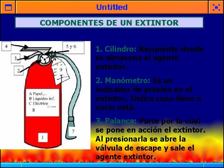 COMPONENTES DE UN EXTINTOR 1. Cilindro: Recipiente donde se almacena el agente extintor. 2.