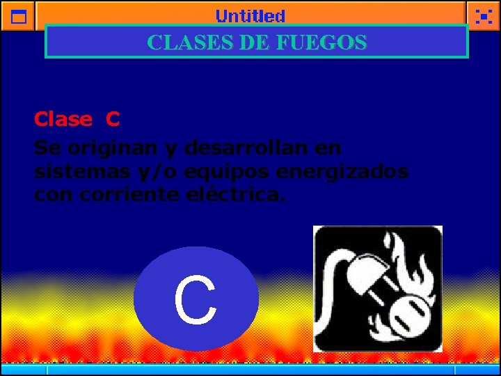 CLASES DE FUEGOS Clase C Se originan y desarrollan en sistemas y/o equipos energizados