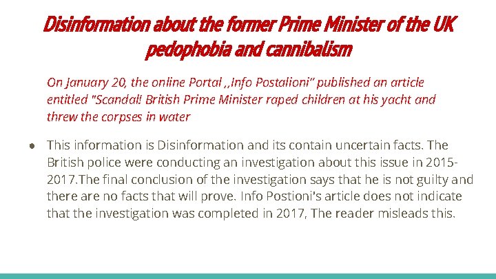 Disinformation about the former Prime Minister of the UK pedophobia and cannibalism On January