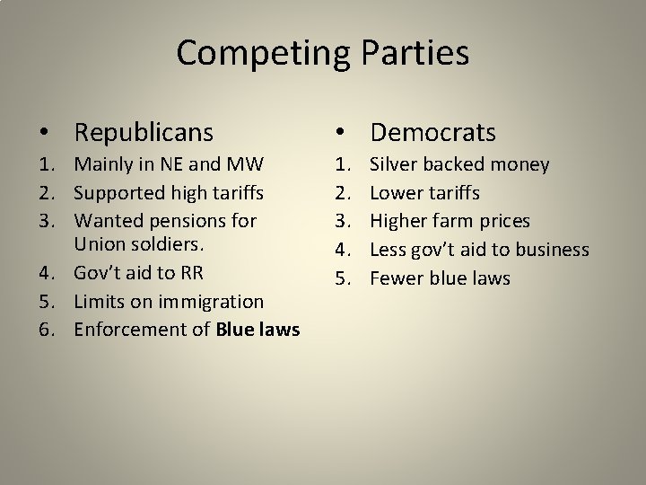 Competing Parties • Republicans • Democrats 1. Mainly in NE and MW 2. Supported