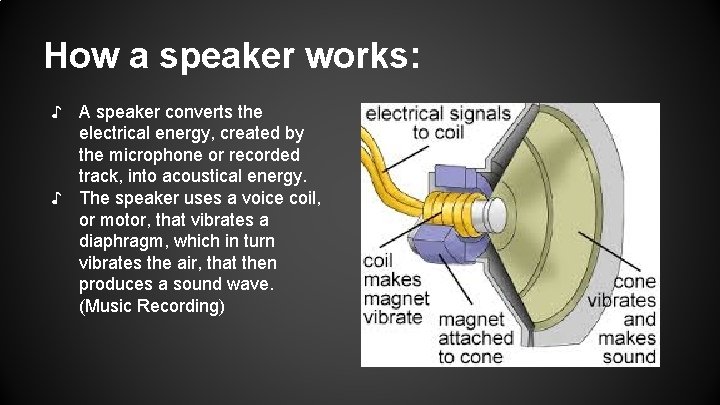 How a speaker works: ♪ A speaker converts the electrical energy, created by the How a speaker works: ♪ A speaker converts the electrical energy, created by the