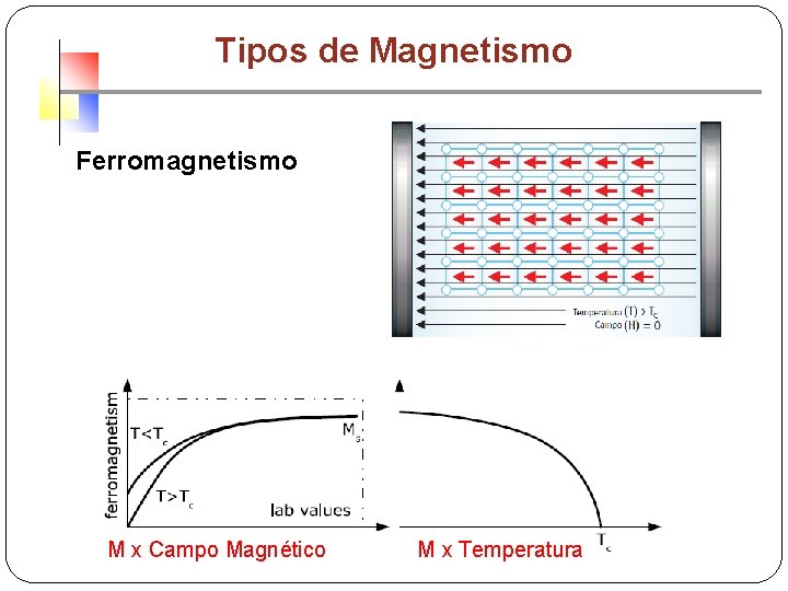 Tipos de Magnetismo Ferromagnetismo M x Campo Magnético M x Temperatura 