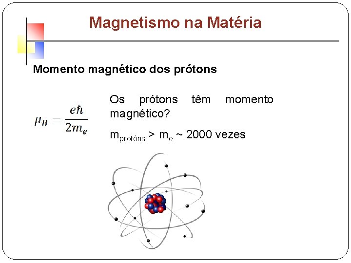 Magnetismo na Matéria Momento magnético dos prótons Os prótons magnético? têm momento mprotóns >