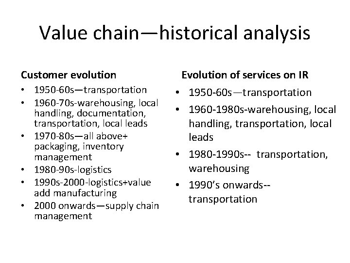 Value chain—historical analysis Customer evolution • 1950 -60 s—transportation • 1960 -70 s-warehousing, local