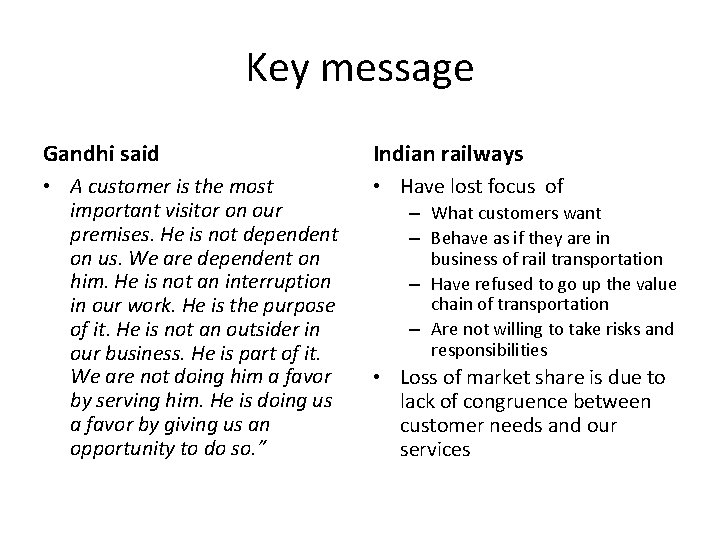 Key message Gandhi said Indian railways • A customer is the most important visitor