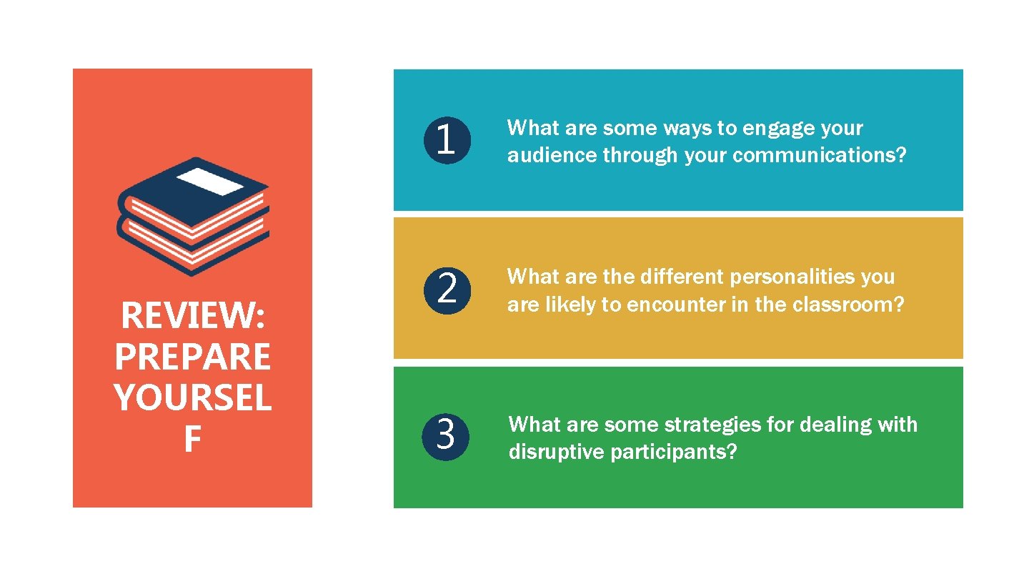 REVIEW: PREPARE YOURSEL F 1 What are some ways to engage your audience through