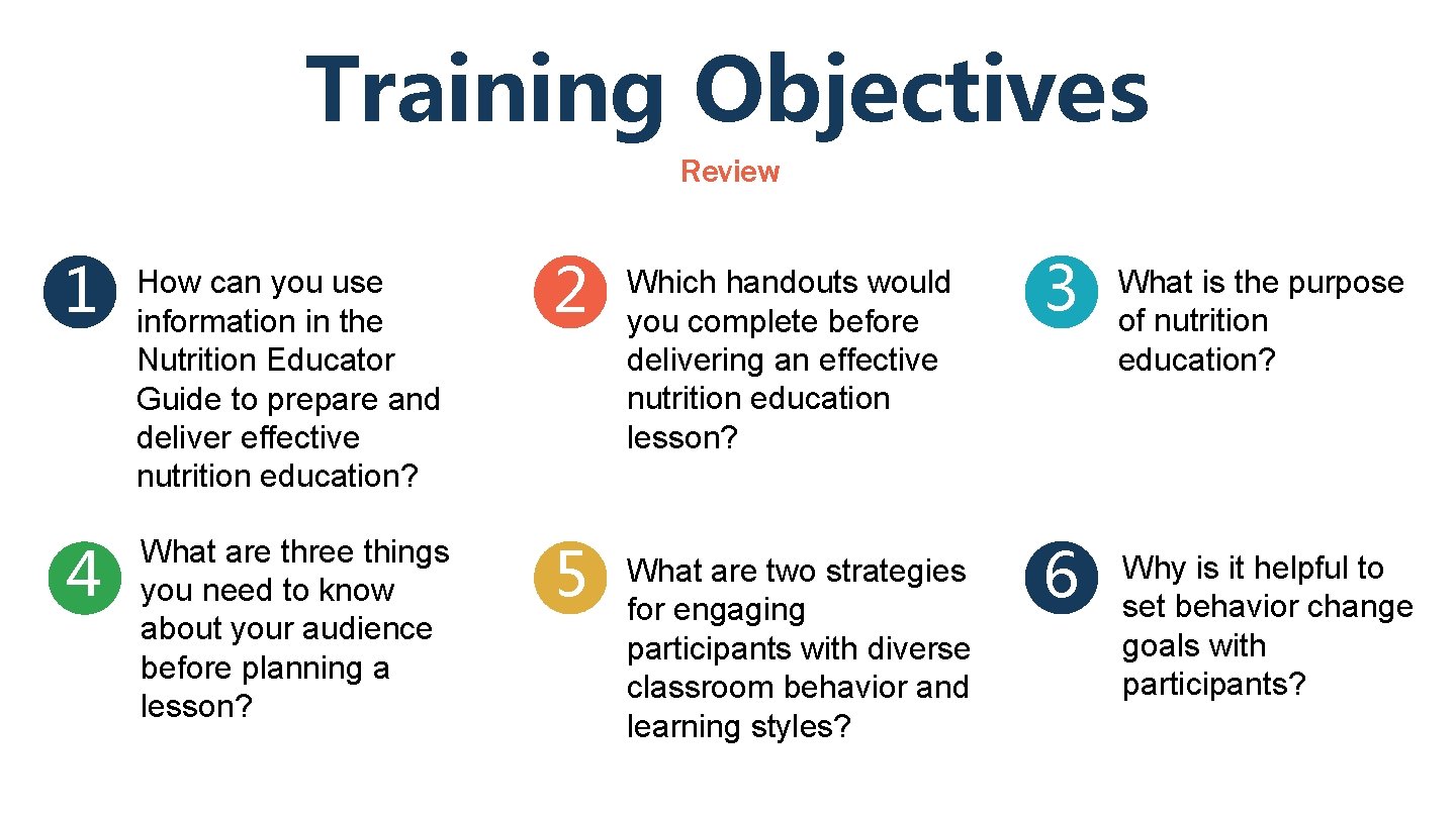 Training Objectives Review 1 4 How can you use information in the Nutrition Educator